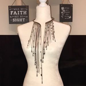 Silver-Tone/Leather Fringe Necklace